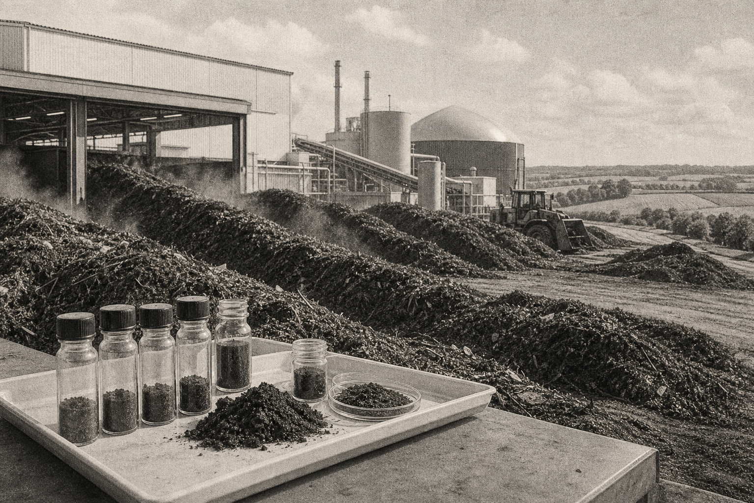 Compost windrows at a centralized facility with sample vials in the foreground and farmland behind.
