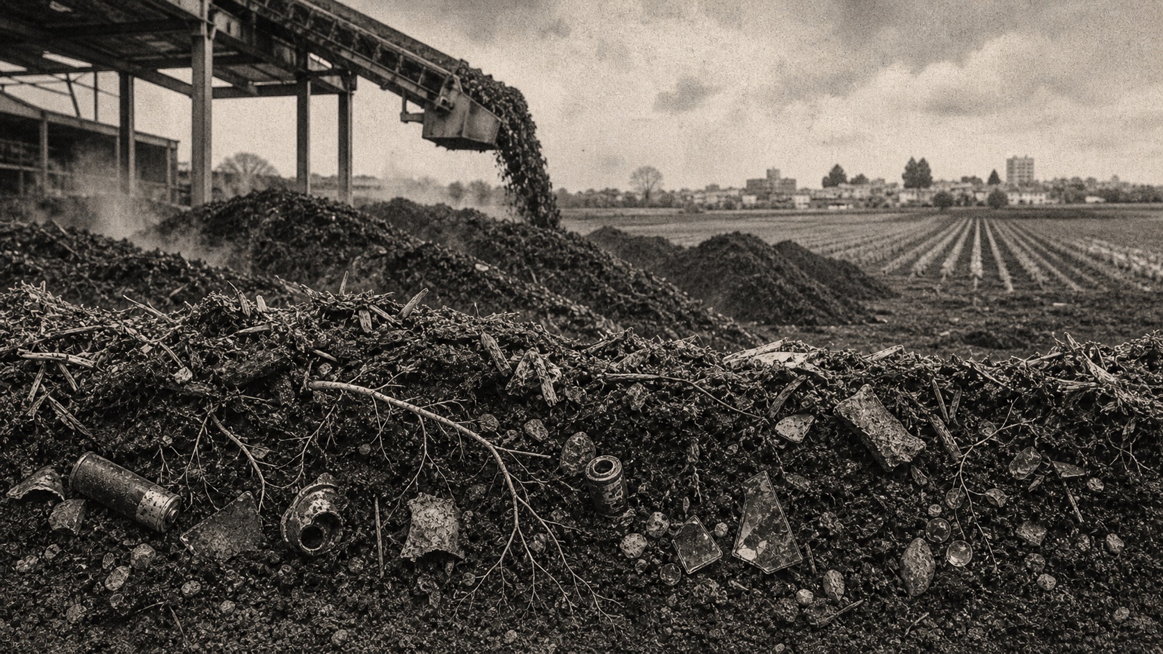 A municipal compost pile with small batteries, corroded metal fragments, glass shards, roots, a conveyor, and farmland in the background.