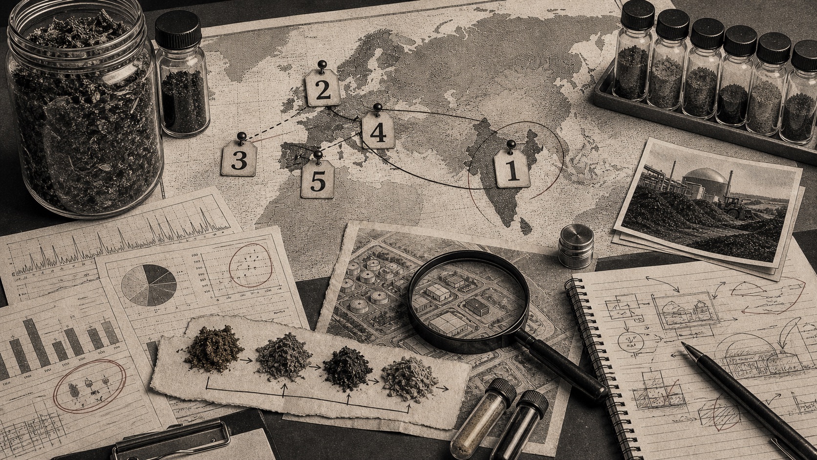 A research desk with a map, numbered country markers, compost sample jars, assay charts, a magnifying glass, and investigation notes.