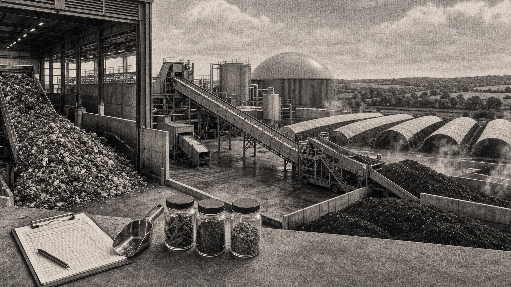 An integrated European organics facility with conveyors, an anaerobic digestion dome, composting tunnels, sample jars, and quality paperwork.