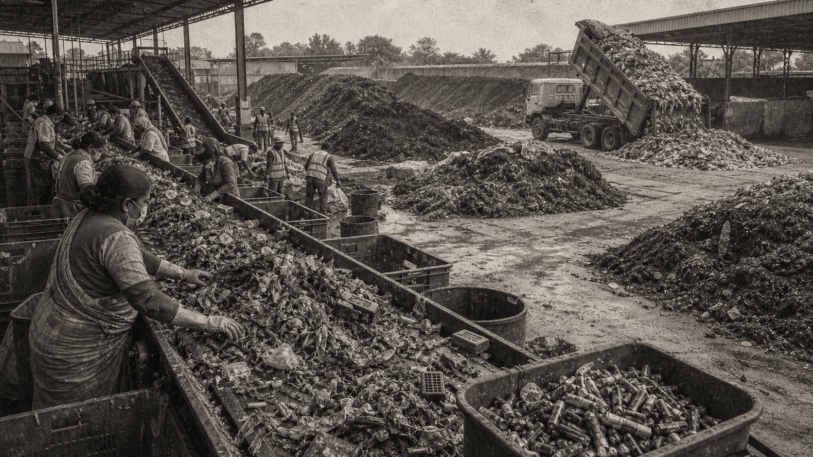 A large Indian municipal waste sorting yard with workers, mixed organic waste, visible battery rejects, a truck unloading, and compost piles.