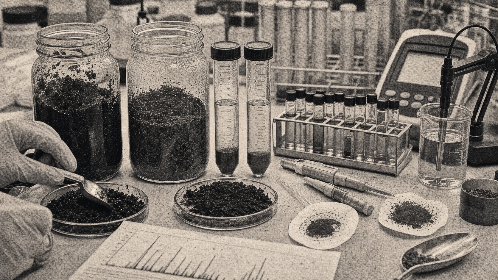 A laboratory bench with before-and-after compost jars, centrifuge tubes, sample vials, filter papers, a pH probe, pipettes, and assay materials.