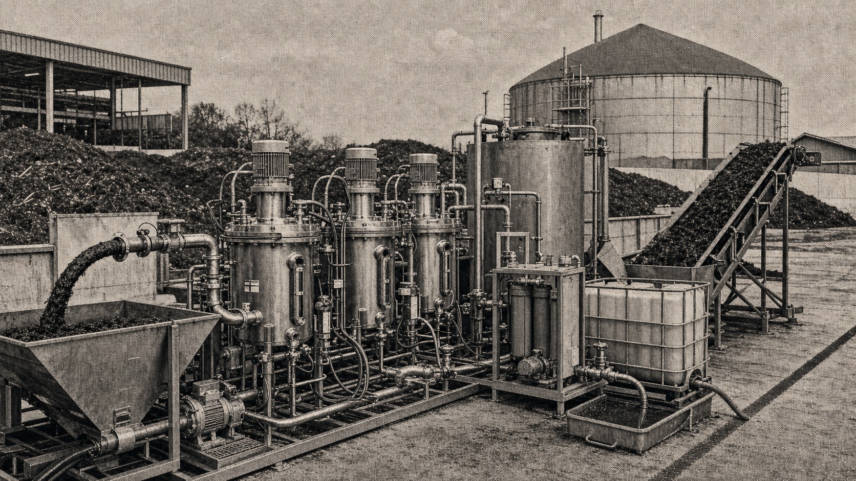 A modular metal-ion leaching skid with reactors, pumps, probes, filters, tubing, tanks, compost slurry input, and cleaned-solids output at a compost facility.